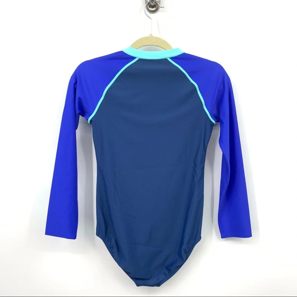 LL Bean Kids Girls Size 14 Bathing Suit One Piece Long Sleeve Swim Blue 1/4 Zip